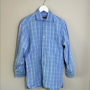 Ermenegildo Zegna Button Up Shirt Blue Plaid Cotton Pocket Mens Career Sz M